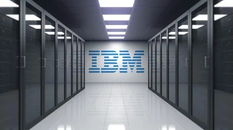 IBM logo on the wall of the server room. Editorial 3D rendering 스톡 일러스트
