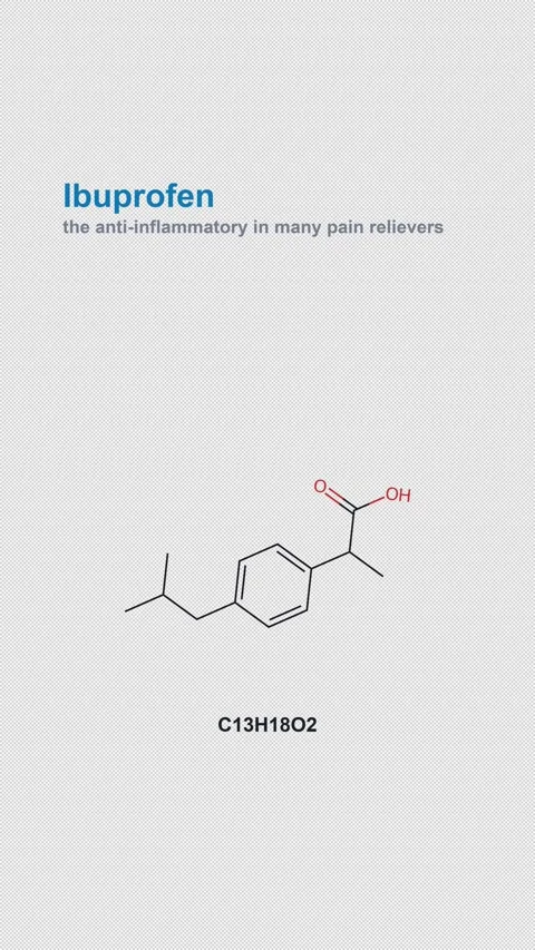 Ibuprofen Molecular Structure Labeled Chemistry Alpha 4K Vertical 9x16 Light Stock Footage 340007583