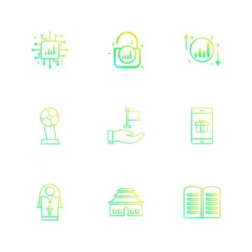 Ic , lock , unlock  , graph , up , down , book , smart phone ,sister , globe  Stock Illustration