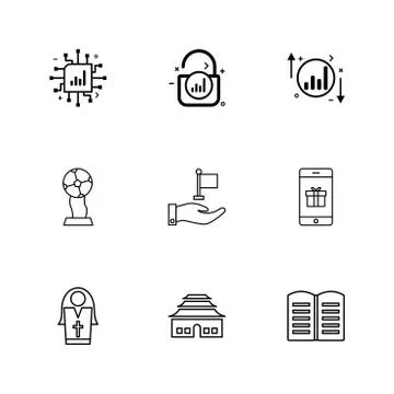 Ic , lock , unlock  , graph , up , down , book , smart phone ,sister , globe  Stock Illustration