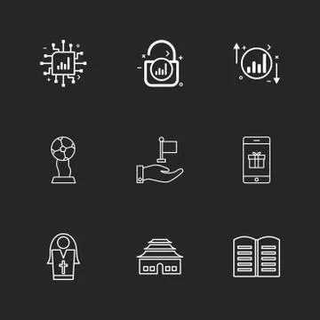 Ic , lock , unlock  , graph , up , down , book , smart phone ,sister , globe  Stock Illustration