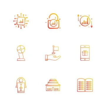 Ic , lock , unlock  , graph , up , down , book , smart phone ,sister , globe  Stock Illustration