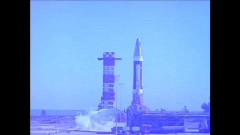The ICBM on it's launchpad in the 1950s undergoing testing. Stock Footage 101248665