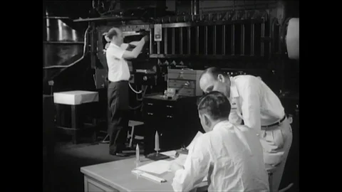 ICBM missiles are subjected to testing in wind tunnels in the 1950s. Stock Footage 86138592