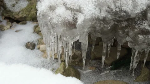 Ice and icicles of different shapes above the water in the river. Clear water in Stock Footage 145220160