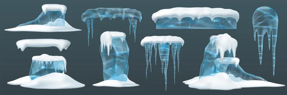Ice and snow. Elements arctic snowy cold water winter. Realistic icon set Stock Illustration