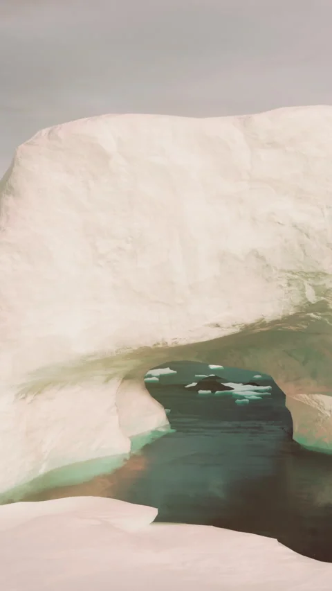 Ice arch over water with floating ice in a cold landscape Stock Footage 339505908