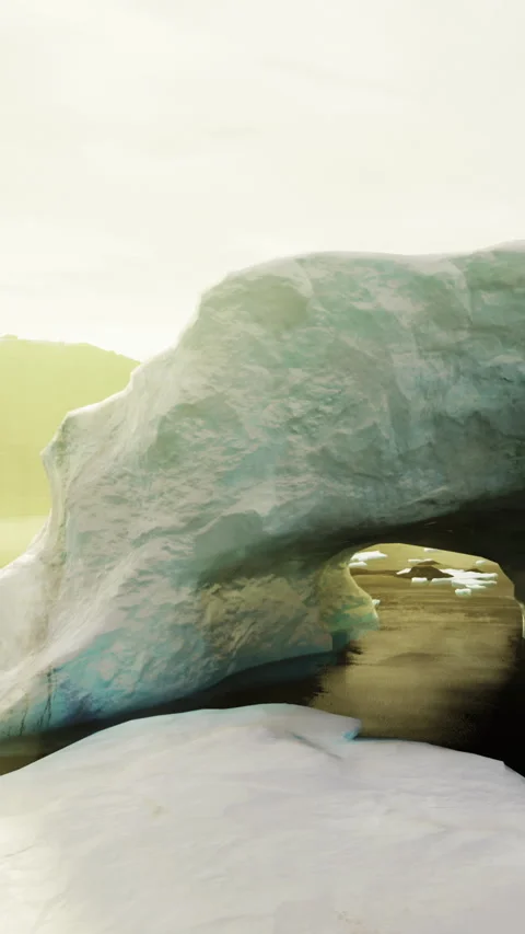 Ice arch stands above calm water near glacier during soft sunlight Stock Footage 331440225