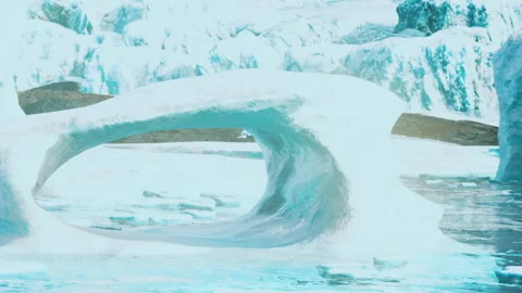 Ice arch stands over water in a glacial landscape during daytime Stock Footage 340986420