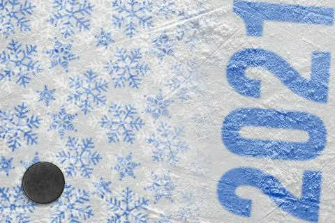 Ice arena with winter pattern and hockey puck Foto stock