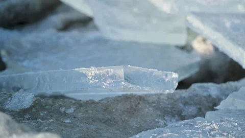 Ice blocks, razor with blurry background, Balaton lake in winter Video stock 326321550