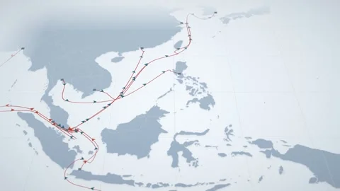 Ice Blue Map Of Asia Pacific Freight Routes With Travelling Highlights 스톡 동영상 343650688