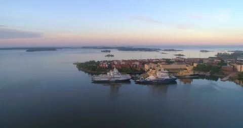 Ice breakers, C4k aerialview towards ice-breakers at katajanokka bay, on a su Stock Footage 91449748
