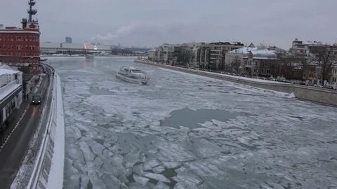 Ice breaking on river Moscow Stock Footage