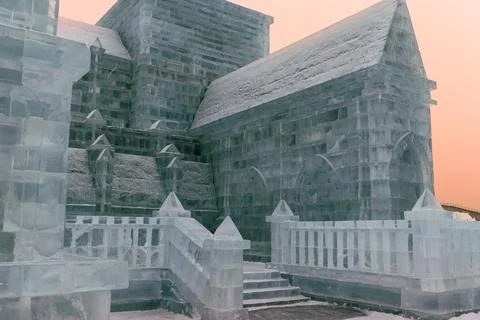 Ice building in close up during the sunset, Harbin, Heilongjiang, China. Stock Photos