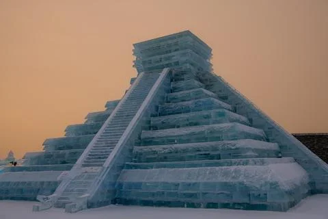 Ice building in close up during the sunset, Harbin, Heilongjiang, China. Stock Photos