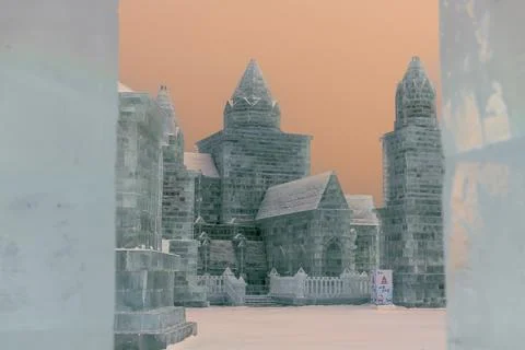 Ice building in close up during the sunset, Harbin, Heilongjiang, China. Stock Photos