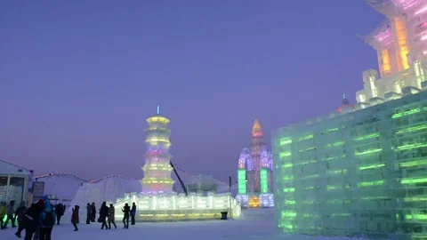 Ice building in Harbin Ice and Snow World Stock Footage 85223158