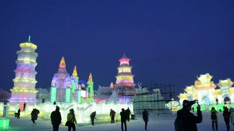 Ice building in Harbin Ice and Snow World Stock Footage 85232404
