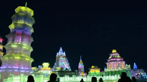 Ice building in Harbin Ice and Snow World Stock Footage 85236479