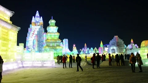 Ice building in Harbin Ice and Snow World Stock Footage 85244705