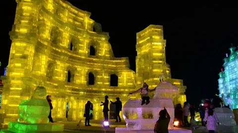 Ice building in Harbin Ice and Snow World Stock Footage 85245844