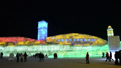 Ice building in Harbin Ice and Snow World Stock Footage 85249477