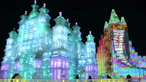 Ice building in Harbin Ice and Snow World Stock Footage 85670846