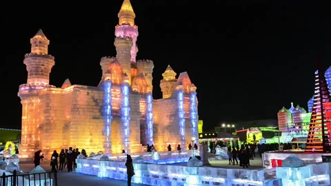Ice building in Harbin Ice and Snow World Stock-Footage 85774982