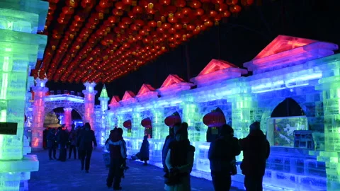 Ice building of Harbin Ice-Lantern Show Vídeo Stock 122501224