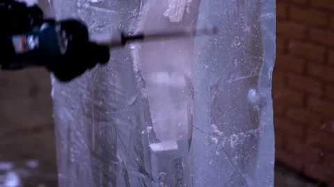 Ice Carving Drill Snowflake Pattern Chainsaw Design Slider Shot Snow Cold Video stock 347969449
