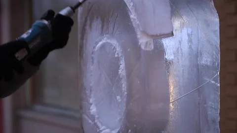 Ice Carving Drill Snowflake Pattern Chainsaw Design Slider Shot Stock-Footage 347969460