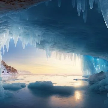 Ice cave on Baikal lake in winter. Blue ice and icicles in the sunset sunlight Stock Illustration