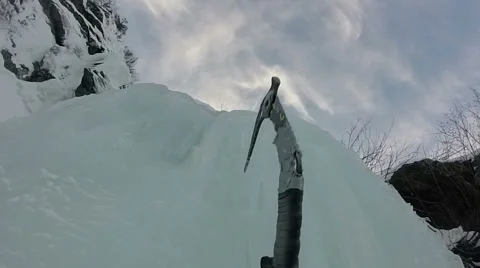 Ice climber ice axes POV slow motion Stock Footage 47314448