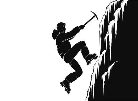 Ice climber silhouette using axe to scale frozen cliff side surface. Stock Illustration