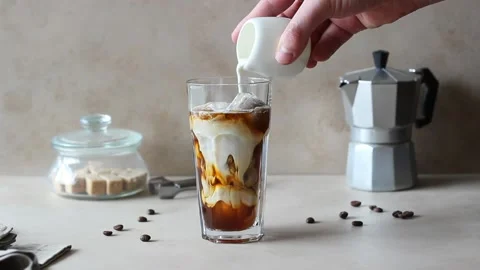 Ice coffee with cream. Cold drinks. Vegetarian food. Healthy eating. Stock Footage 149092172