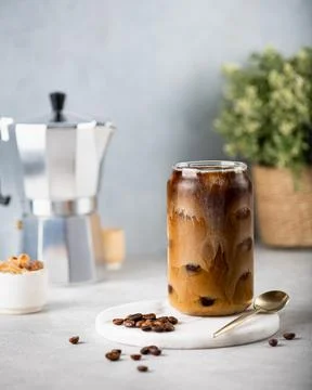 Ice coffee with ice cubes Stock Photos