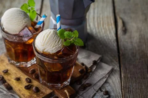 Ice coffee with vanilla ice cream Stock Photos
