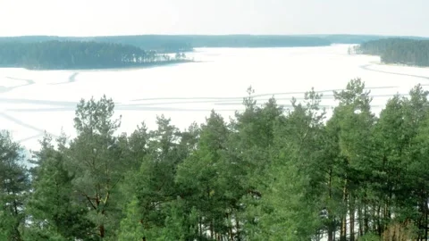 Ice covered lake surrounded by forest, winter snow, aerial drone view Stock-Footage 302906885