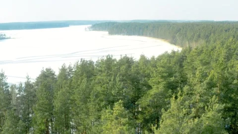 Ice covered lake surrounded by forest, winter snow, aerial drone view Stock-Footage 302906915