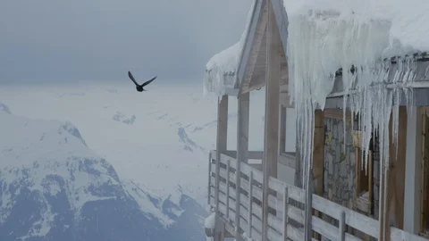 Ice Covered Mountain Cabin 4k Stock Footage 92820580