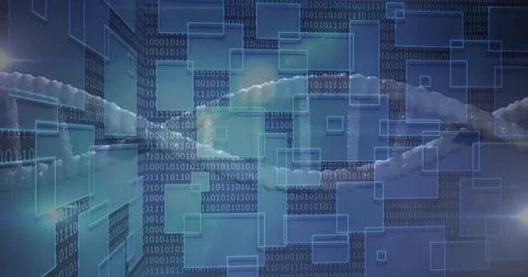 Ice-covered network cable stretching in digital scene, with cascading binary Illustrazione stock