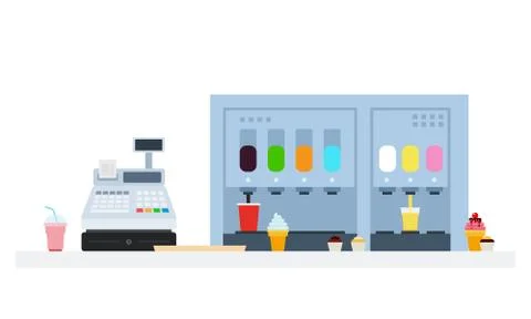 Ice cream and beverages machines with cash register flat isolated Stock Illustration