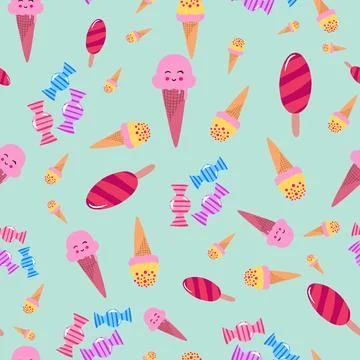 Ice cream and candies pattern on mint green background Illustrazione stock