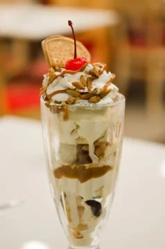 Ice cream with caramel sauce 스톡 사진