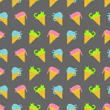 Ice cream cat pattern seamless. Eskimo pet background. Baby fabric texture Stock Illustration