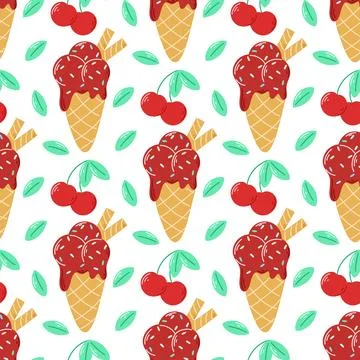 Ice cream with cherry and mint seamless pattern Illustrazione stock
