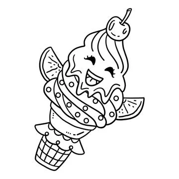 Ice Cream with Cherry and Slice Orange Isolated Stock Illustration