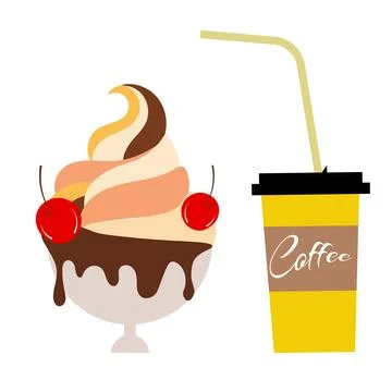 Ice cream collection. Cherry fruit ice cream in an ice cream and coffee bow.. Stock Illustration