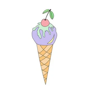 Ice cream cone with cherry. Vector illustration in doodle style. Illustrazione stock